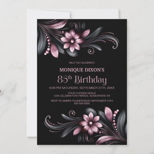 Black Pink Floral 85th Birthday Party Kaart (Voorkant)