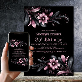 Black Pink Floral 85th Birthday Party Kaart