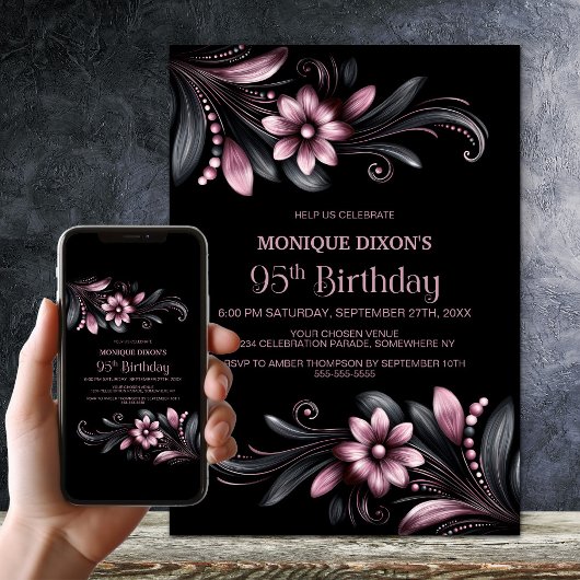 Black Pink Floral 95th Birthday Party Kaart