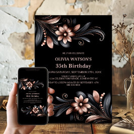 Black Pink Floral Birthday Party Kaart