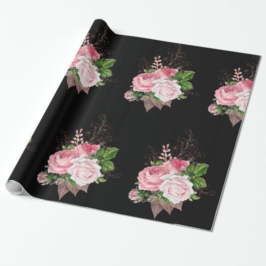 Black Pink Floral BIRTHDAY WEDDING WRAP Cadeaupapier (Uitgerold)