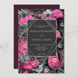 Black Pink Floral | Modern Chic Floral Wedding IV Kaart