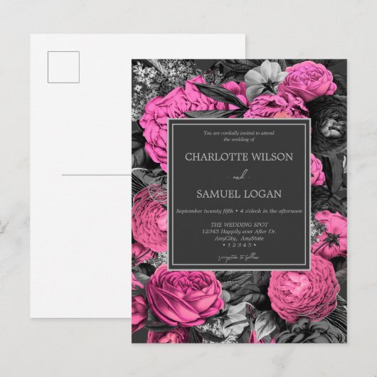 Black Pink Floral | Modern Chic Floral Wedding Uitnodiging Briefkaart (Voorkant / Achterkant)