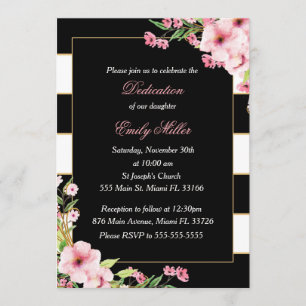 Black Pink Floral Stripes Dedication Invitation Kaart