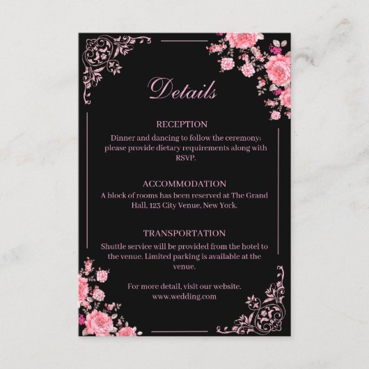 Black & Pink Floral Wedding Enclosure Card Informatiekaartje (Voorkant)