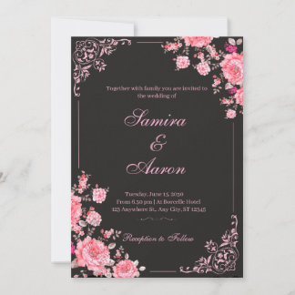 Black & Pink Floral Wedding Invitation Kaart