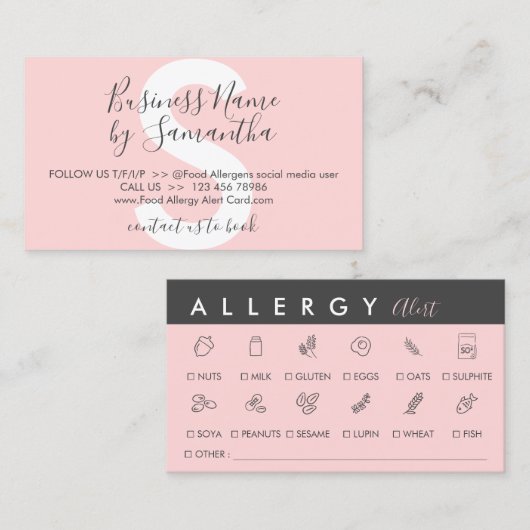 Black Pink Food Allergy Alert Visitekaartje (Voorkant / Achterkant)