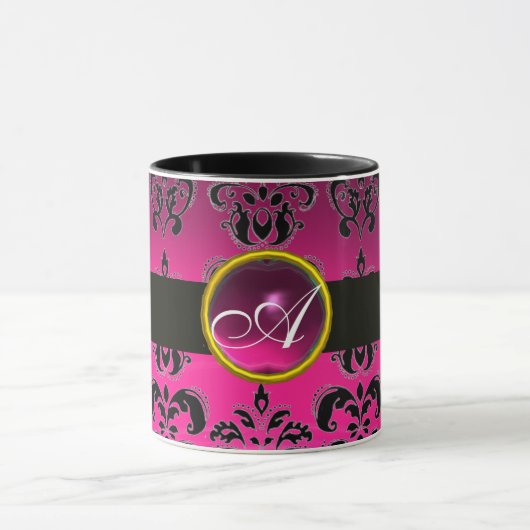 BLACK PINK FUCHSIA DAMASK GEMSTONE MONOGRAM MOK (Midden)