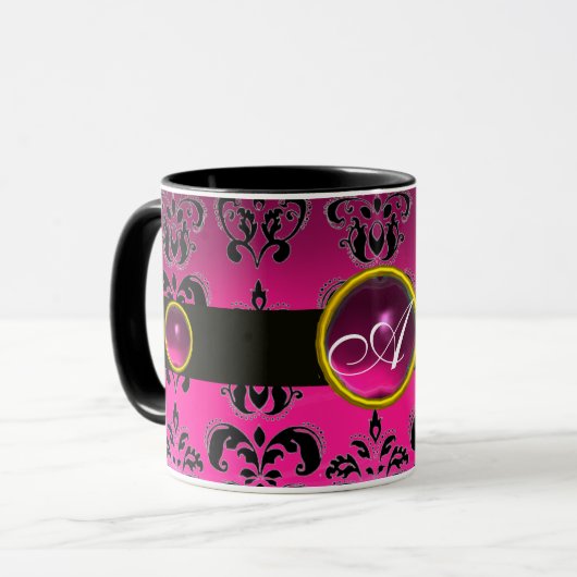 BLACK PINK FUCHSIA DAMASK GEMSTONE MONOGRAM MOK (Voorkant links)