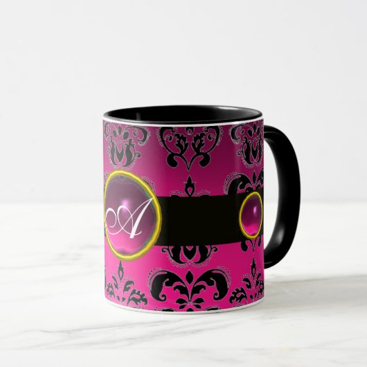 BLACK PINK FUCHSIA DAMASK GEMSTONE MONOGRAM MOK (Voorkant rechts)