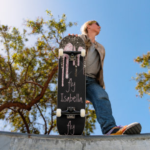 Black Pink Glitter Girly Sparkle Persoonlijke naam Persoonlijk Skateboard