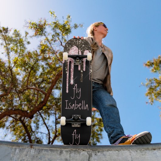 Black Pink Glitter Girly Sparkle Persoonlijke naam Persoonlijk Skateboard (Buiten 1)