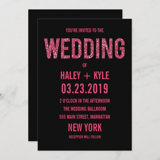 Black & Pink Glitter Typography Wedding Invitation Kaart (Voorkant / Achterkant)