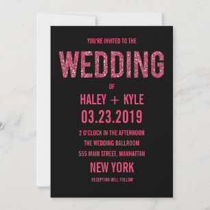 Black & Pink Glitter Typography Wedding Invitation Kaart