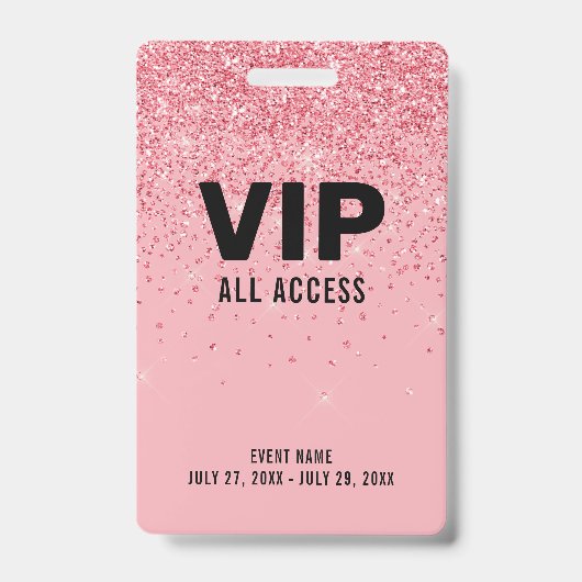 Black Pink Glitter VIP All Access Pass Event ID Badge (Voorkant)
