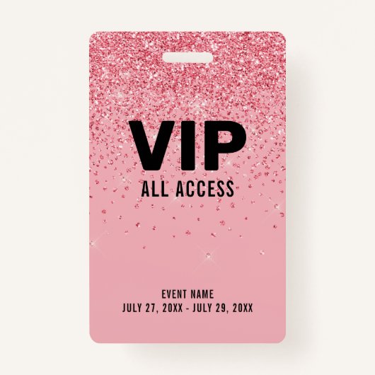 Black Pink Glitter VIP All Access Pass Event ID Badge (Voorkant)