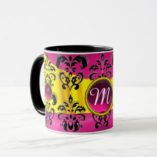 BLACK PINK GOLD FUCHSIA DAMASK GEMSTONE MONOGRAM MOK (Voorkant links)
