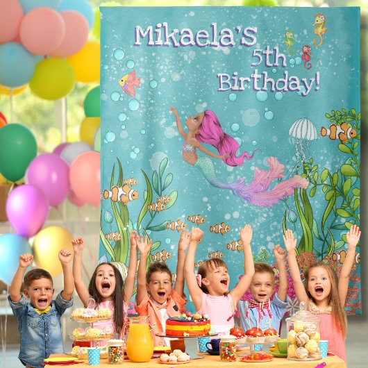 Black Pink Haar Zeemeermin Onder de Zee Achtergron Wandkleed