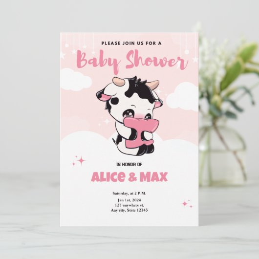 Black Pink Koe Witte Wolk Baby Shower  Kaart (Staand voorkant)