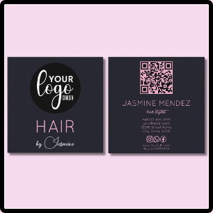 Black Pink Logo QR Code Socials Haarstylist Vierkante Visitekaartje