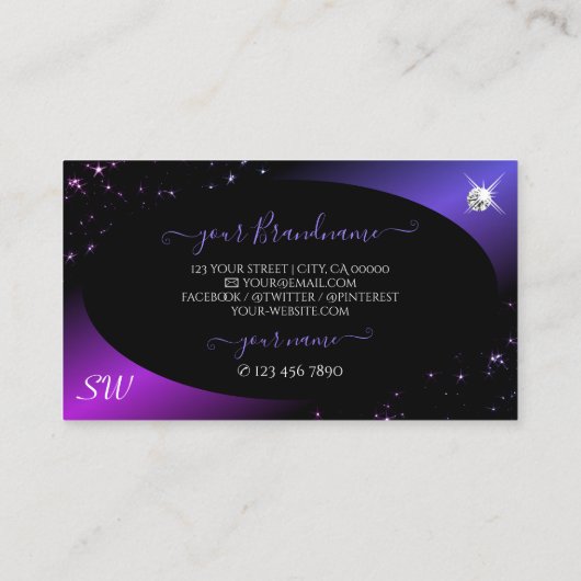 Black Pink Paars Glitter Stars Jewels Monogram Visitekaartje (Achterkant)