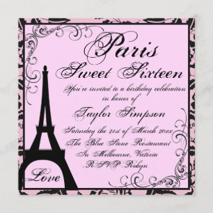 Black & Pink Paris Sweet16 Verjaardag Uitnodigen Kaart