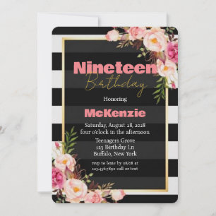 Black Pink Peony Gold Girl 19e verjaardag Kaart