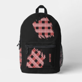 Black, Pink Plaid Patches, Name  Bedrukte Rugzak