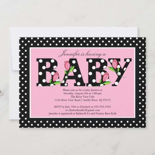 Black Pink Polka Dot "baby" Baby shower Kaart (Voorkant)