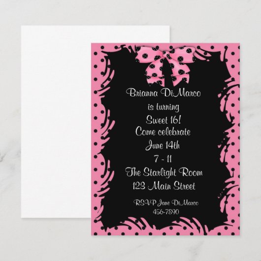 Black Pink Polka Dot Invitation Kaart (Voorkant / Achterkant)