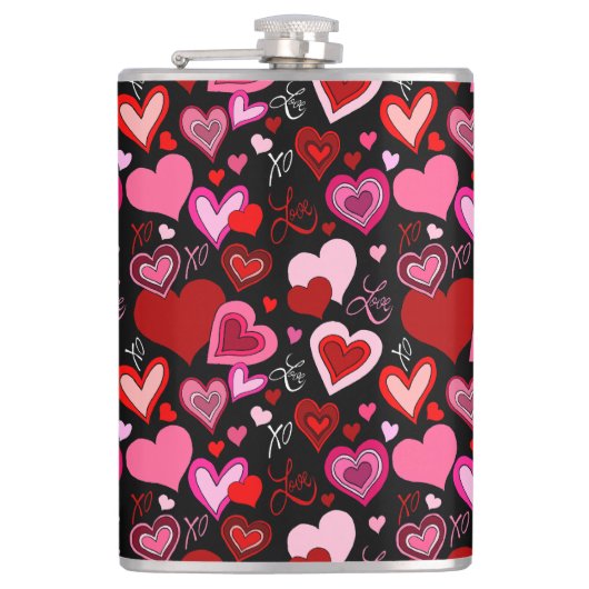 Black Pink Red Hearts Love Pattern Heupfles (Voorkant)