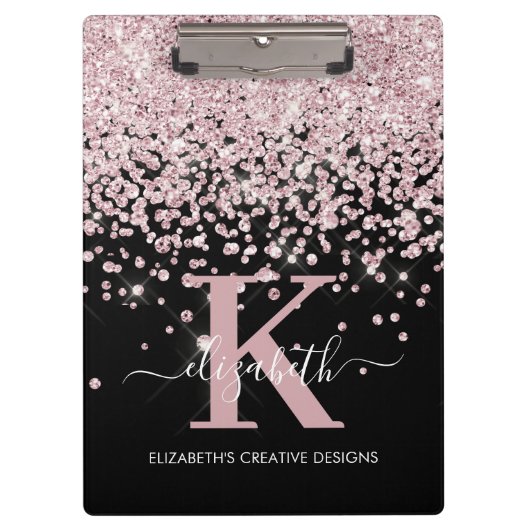 Black Pink Rose Gold Diamond Glitter Monogrammed Klembord (Voorkant)