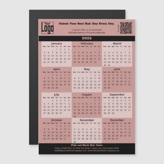 Black Pink Salon Logo QR-code 2026 Calendar Magnet (Voorkant / Achterkant)