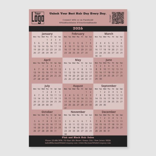 Black Pink Salon Logo QR-code 2026 Calendar Magnet (Voorkant)