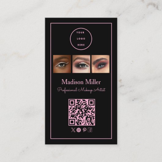 Black Pink Script Logo QR Code Photo Makeup Visitekaartje (Voorkant)