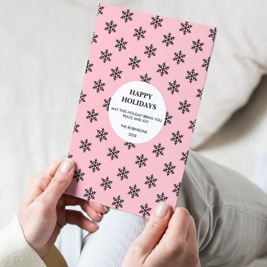 Black & Pink Snowflake Happy Holiday Kaart