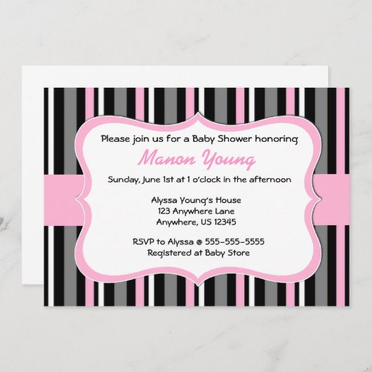 Black Pink Stripe Baby of Bridal Shower Invitation Kaart (Voorkant / Achterkant)