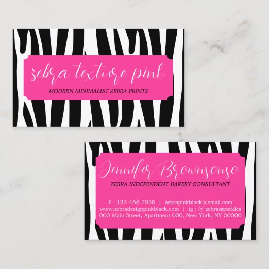 Black Pink Textion Simple Patter Zebra Visitekaartje (Voorkant / Achterkant)