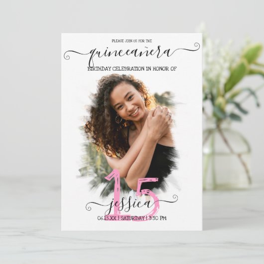 Black Pink White Halo Photo Collage Quinceañera Kaart (Staand voorkant)