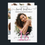 Black Pink White Halo Photo Collage Sweet 16 Kaart<br><div class="desc">Deze en meisjes zoete fotocollage-uitnodiging voor zestien verjaardagsfeestjes is perfect voor het trendy en stijlvolle meisje. Het kenmerkt een eenvoudige witte borstelslaghalo bovenop een grote eigenschapfoto en elegante zwarte en roze handgeschreven krommende manuscripttypografie. Op de achterzijde staan vier meer aanpasbare afbeeldingen en de partijdetails met een volledig naammonogram voor een...</div>