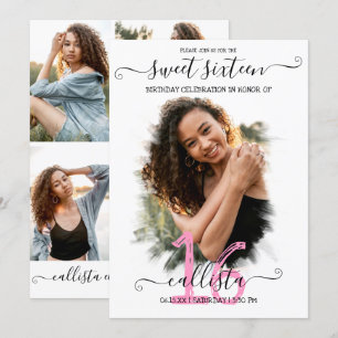 Black Pink White Halo Photo Collage Sweet 16 Kaart