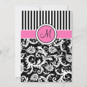 Black Pink White Striped Damask Wedding Invite Kaart (Voorkant)