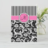 Black Pink White Striped Damask Wedding Invite Kaart (Staand voorkant)