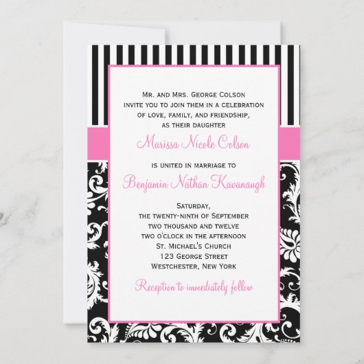 Black Pink White Striped Damask Wedding Invite Kaart (Achterkant)