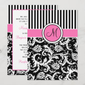 Black Pink White Striped Damask Wedding Invite Kaart (Voorkant / Achterkant)