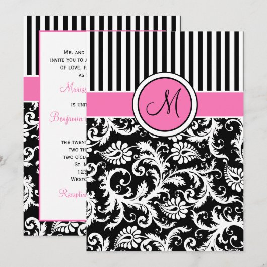 Black Pink White Striped Damask Wedding Invite Kaart (Voorkant / Achterkant)