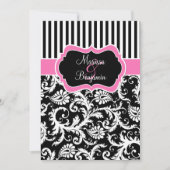 Black Pink White Striped Damask Wedding Invite Kaart (Voorkant)