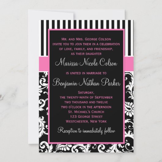 Black Pink White Striped Damask Wedding Invite Kaart (Achterkant)