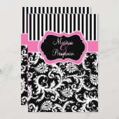 Black Pink White Striped Damask Wedding Invite Kaart (Voorkant / Achterkant)