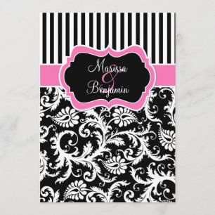 Black Pink White Striped Damask Wedding Invite Kaart